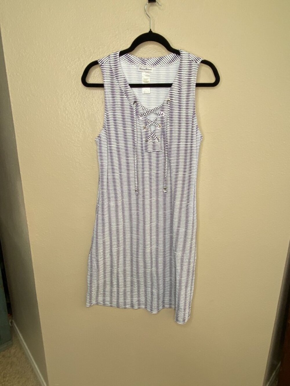 Tommy Bahama Womens Striped Lace-Up Sleeveless Dress L Black/White Nylon Blend